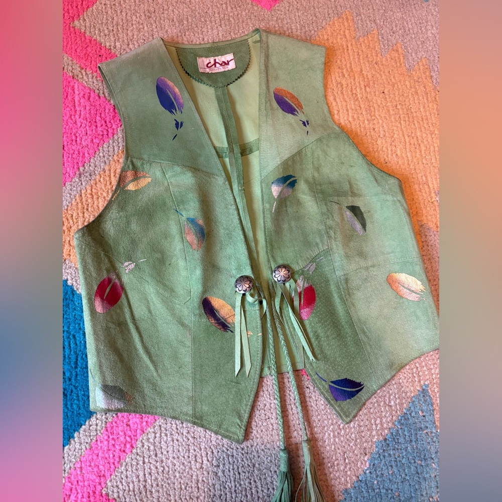 Vintage 1970s Western Char Leather Hand Painted Feather Vest